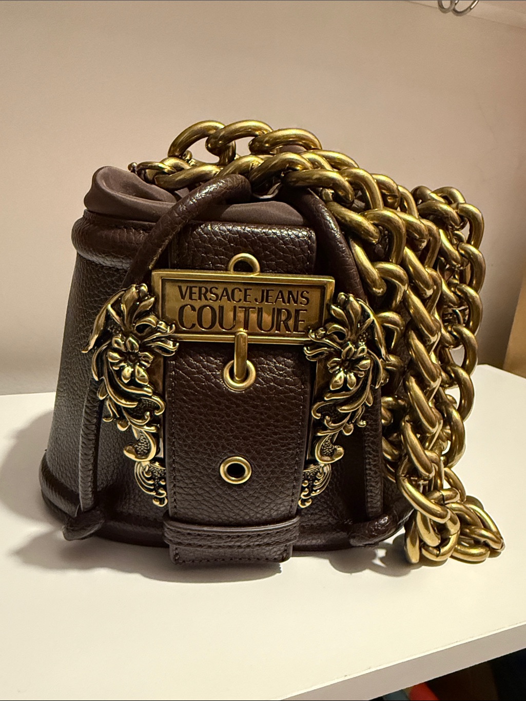 Versace Jeans Couture Brown Leather Mini Bucket Bag With Gold Hardware